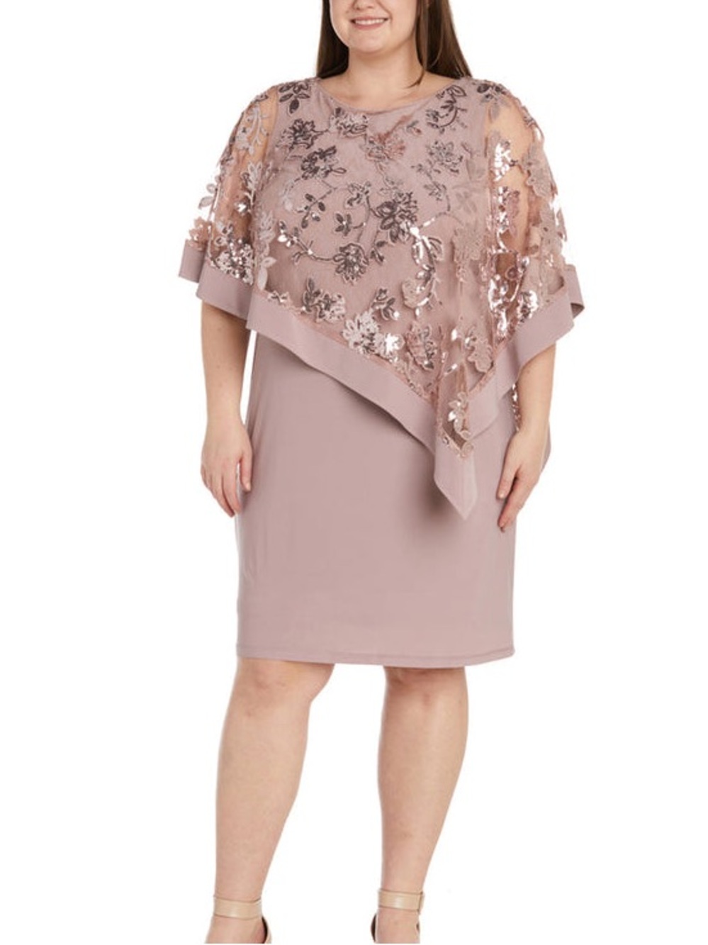 R&M Richards Dusty Rose Sequin Floral Short Dress with Cape Size 18 NWOT
